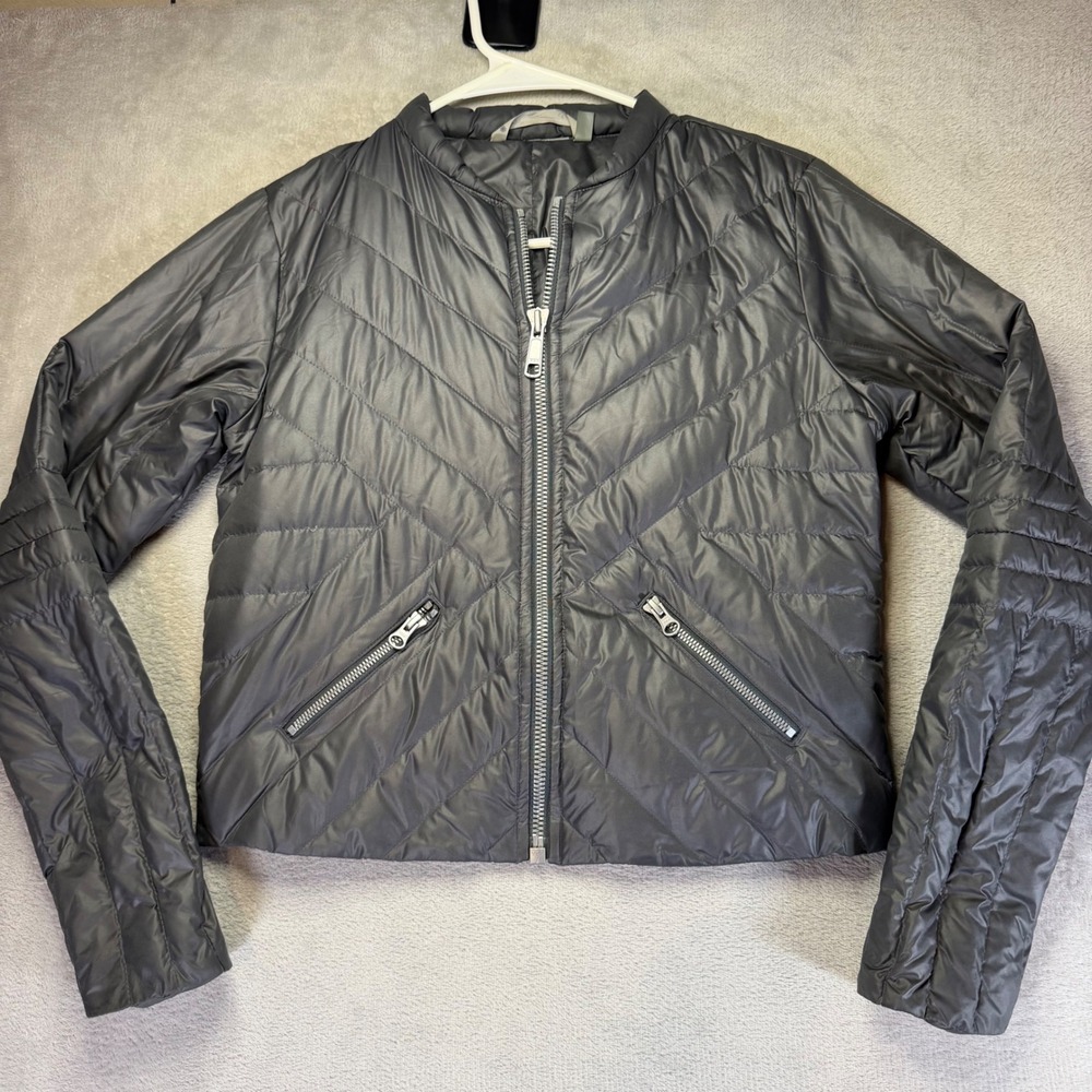 Athleta‎ Gray Chevron Quilted Puffer Jacket Goose Down Fill Full Zip XS 242969